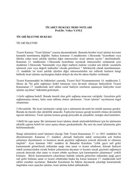 Ticaret Hukuku Ders Notlari Veliye Yanli