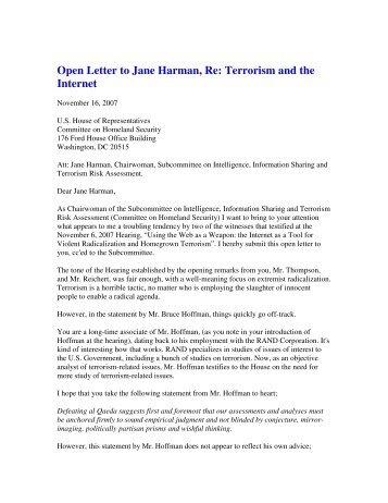 Open Letter to Jane Harman, Re - Journal of 9/11 Studies