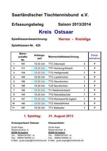 Klasseneinteilung 2013/14 - STTB Ostsaarkreis SaarlÃ¤ndischer ...