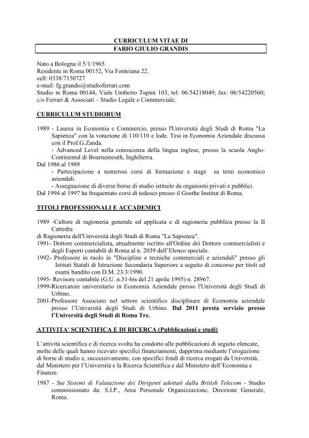 CURRICULUM VITAE DI FABIO GIULIO GRANDIS ... - Dipecodir.it