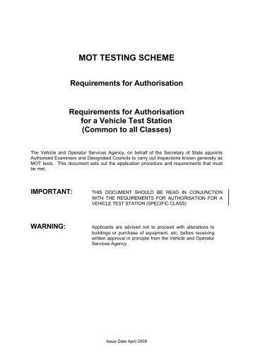 MOT TESTING SCHEME Requirements for Authorisation ...