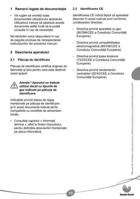 Manual instalare centrala termica pe gaz Saunier Duval ... - Calor