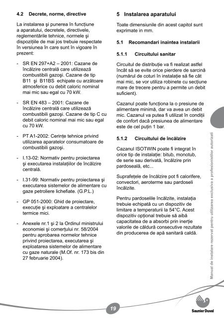 Manual instalare centrala termica pe gaz Saunier Duval ... - Calor