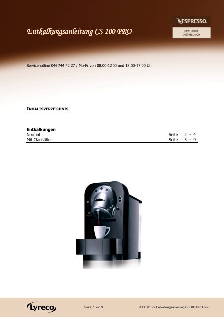 NBS 361 V2 Entkalkungsanleitung CS 100 PRO - lyreco