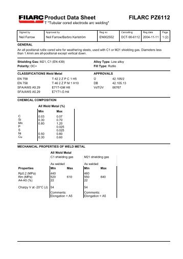 Product Data Sheet FILARC PZ6112 - Tesol