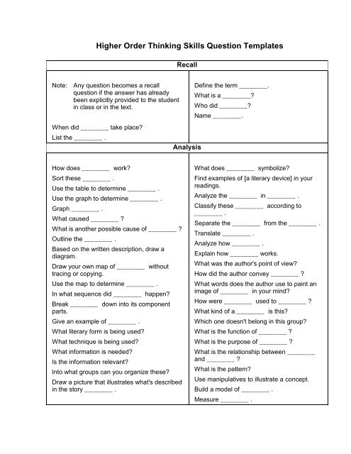 Higher Order Thinking Skills Question Templates