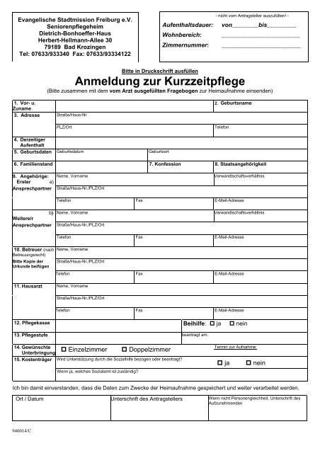 Anmeldung zur Kurzzeitpflege - Evangelische Stadtmission Freiburg