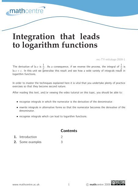 Integration that leads to logarithm functions - Mathcentre
