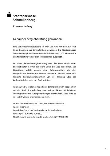 Gebäudeenergieberatung gewonnen - Stadtsparkasse Schmallenberg
