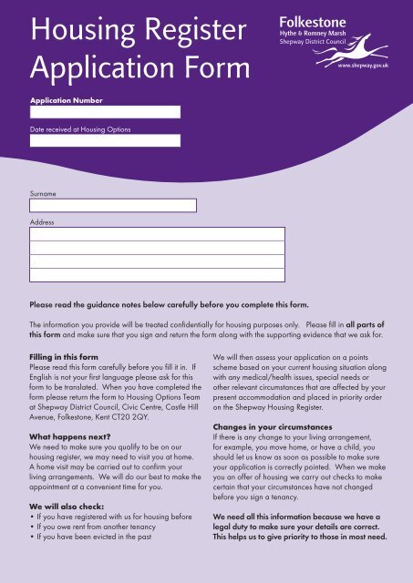 Housing Register Application Form - Shepway District Council