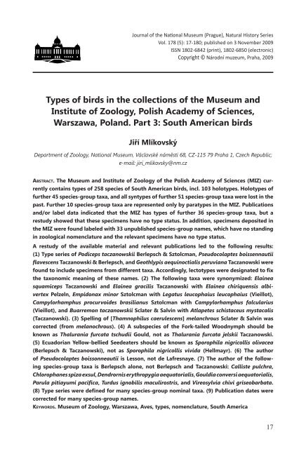 Types of birds in the collections of the Museum ... - Národní muzeum