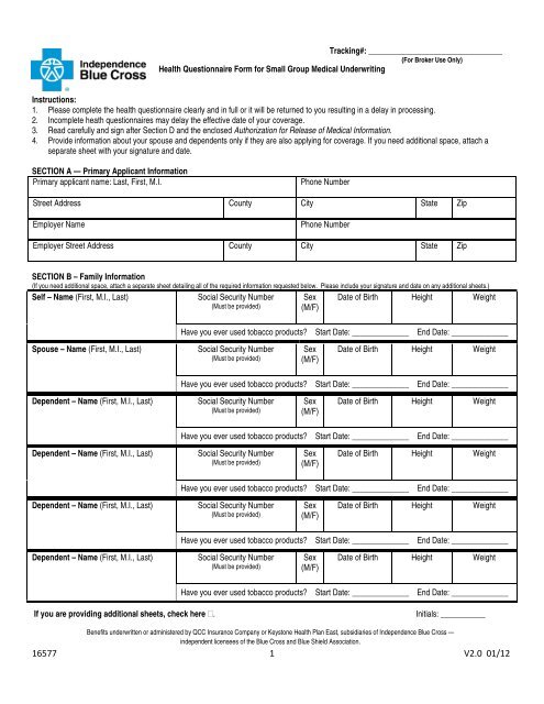 Health Questionnaire Form For Small Group Medical Underwriting