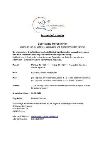 Anmeldeformular Sportcamp Herbstferien - Stadtsportbund Cottbus eV