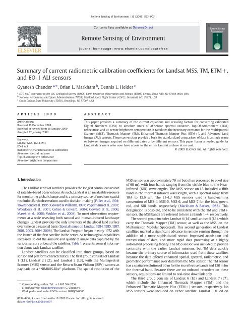 Summary of current radiometric calibration coefficients for Landsat ...