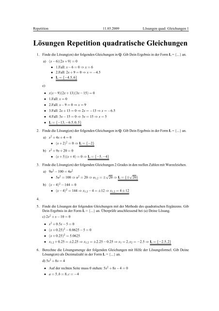 Lösungen Repetition quadratische Gleichungen