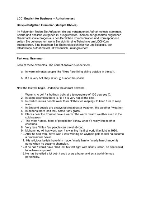 Lcci English For Business A Aufnahmetest Beispielaufgaben Grammar