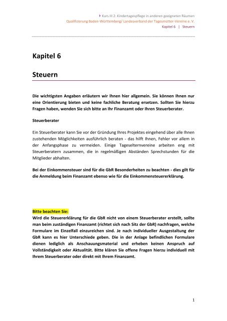 Kurs III 2.: Kindertagespflege in anderen geeigneten Räumen ...