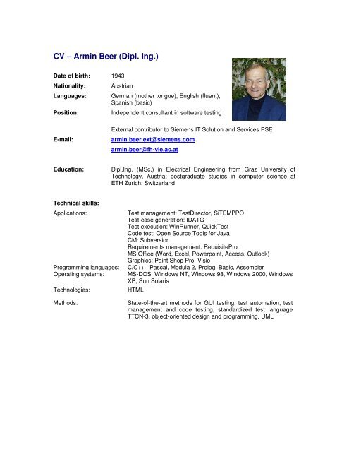 Cv Armin Beer Dipl Ing Armin Beer Test Consulting