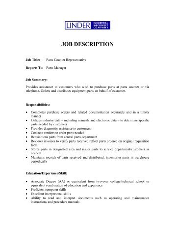 JOB DESCRIPTION - Linder Industrial Machinery