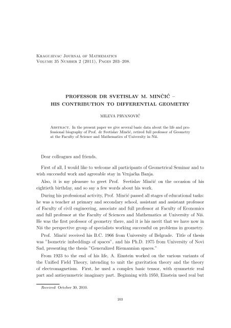 Professor Dr Svetislav M Minˇci C His Contribution