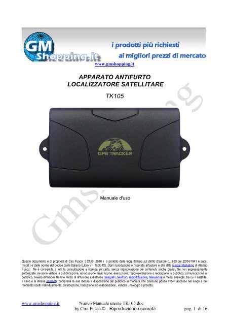 Manuale TRACKER GPS TK105 - Global Marketing srl