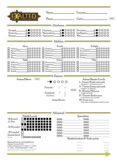 The complete character sheet - Standard - Exalted, character sheets