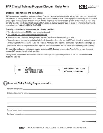 PAR Clinical Training Program Discount Order Form