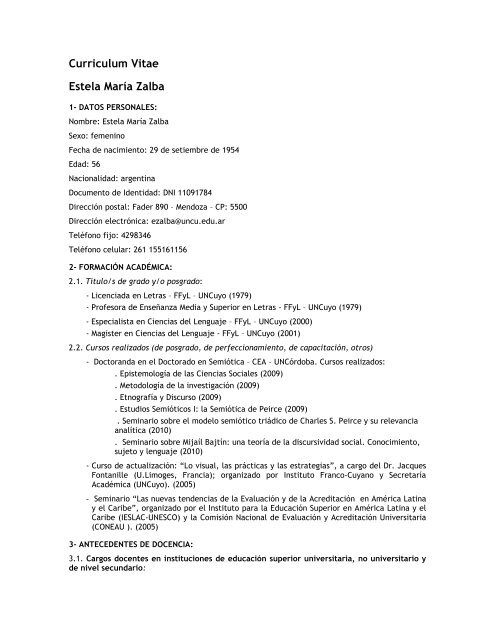 Curriculum Vitae Estela María Zalba