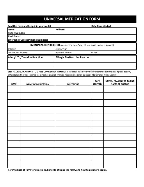 UNIVERSAL MEDICATION FORM - South Shore Hospital