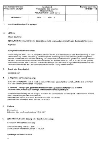 Amtsgerichts Stuttgart Wiedergabe des aktuetlen HRB 581114