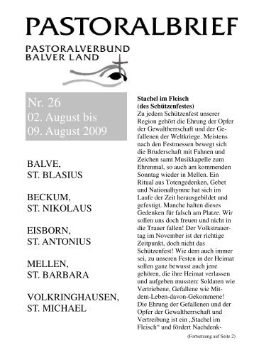 Pastoralbrief 02.08. - 09.08.09 - Kath. Pfarrei St. Blasius zu Balve
