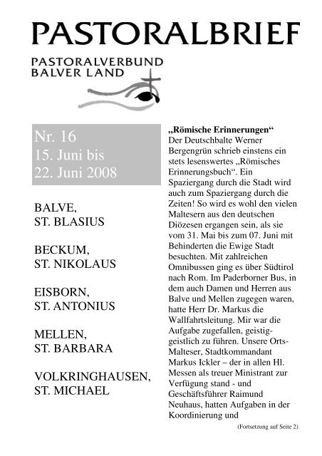 Pastoralbrief 15.06. - 22.06.08 - Kath. Pfarrei St. Blasius zu Balve
