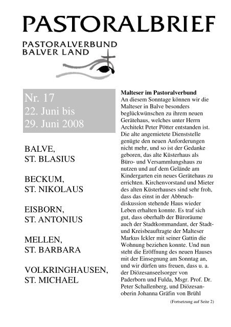 Pastoralbrief 22.06. - 29.06.08 8 S. - Kath. Pfarrei St. Blasius zu Balve