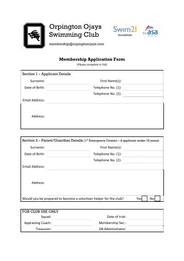 Membership Application Form - Orpington Ojays Swimming Club