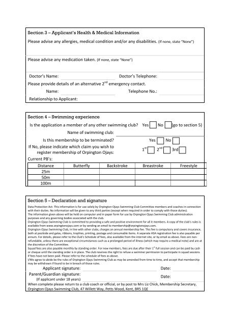 Membership Application Form - Orpington Ojays Swimming Club