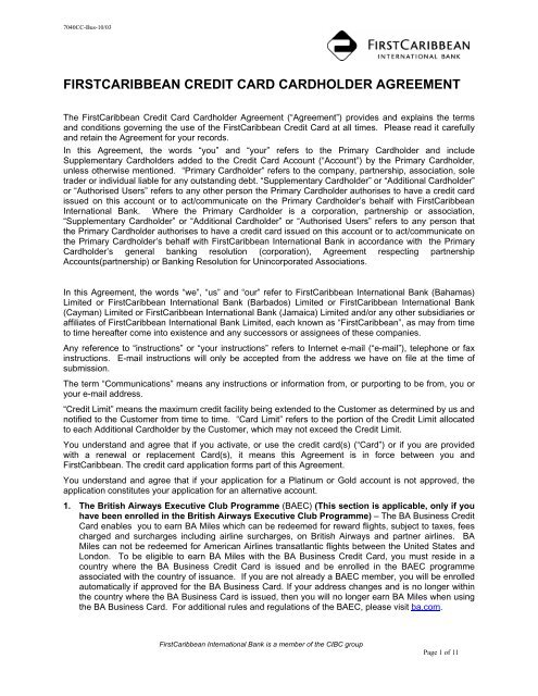 FIRSTCARIBBEAN CREDIT CARD CARDHOLDER AGREEMENT