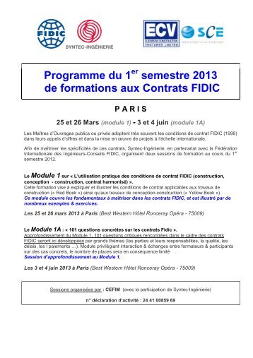 Programme du 1 semestre 2013 de formations aux Contrats FIDIC