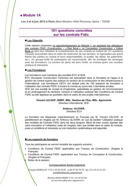 Programme du 1 semestre 2013 de formations aux Contrats FIDIC
