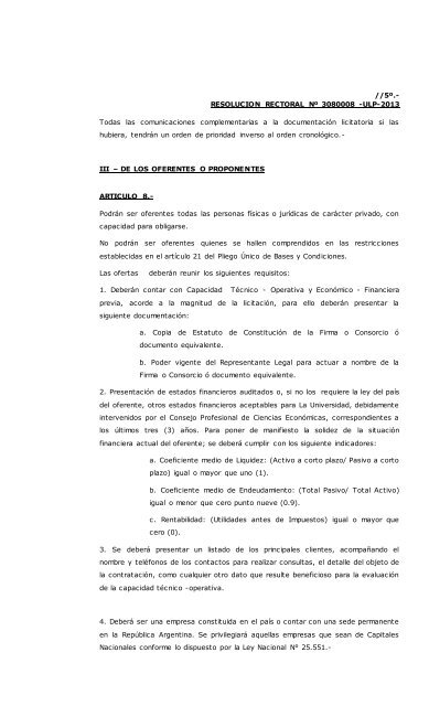 Licitacion Publica NÂº 4-ULP-2013 Pliego de Bases y Condiciones