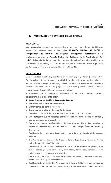 Licitacion Publica NÂº 4-ULP-2013 Pliego de Bases y Condiciones