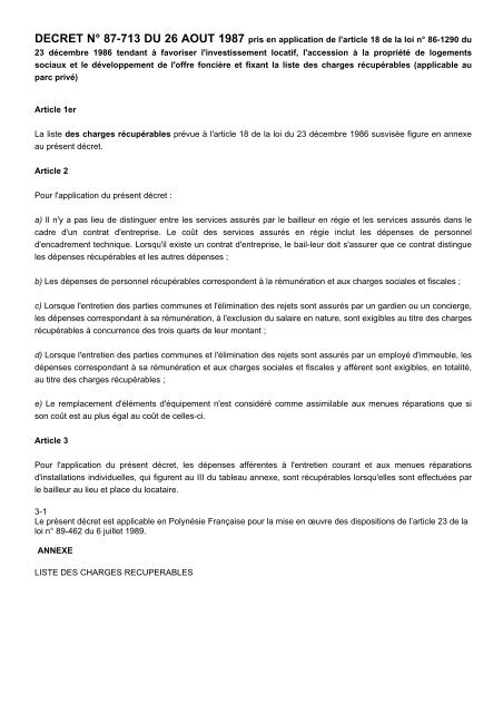 DECRET N° 87-713 DU 26 AOUT 1987 pris en ... - Habitat du Gard