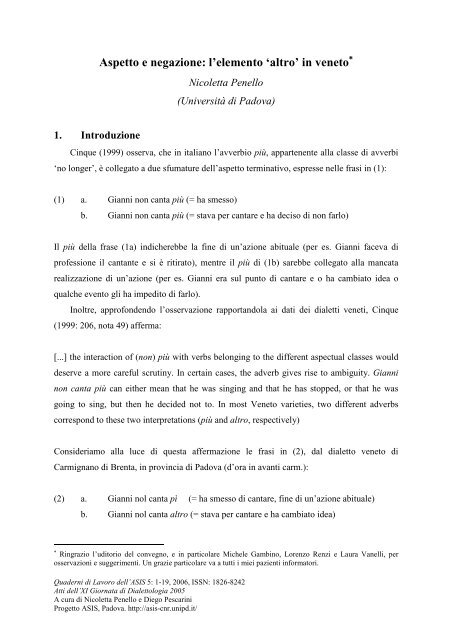 Aspetto e negazione: l'elemento 'altro' in veneto - Atlante Sintattico ...