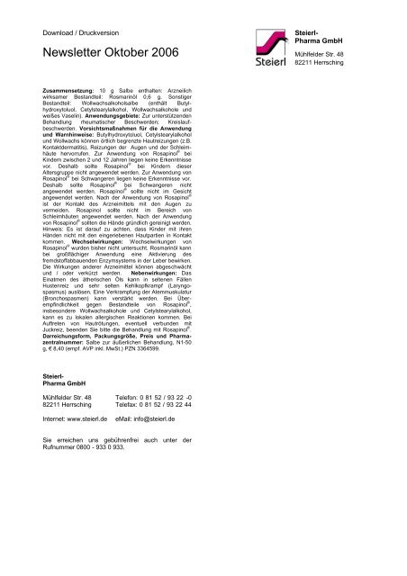 Newsletter Oktober 2006 - Steierl-Pharma GmbH