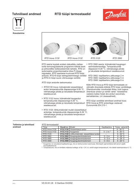 Tehnilised andmed RTD tA?A?pi termostaadid - Danfoss