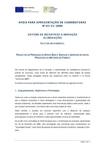 Aviso para Apresentação de Candidaturas n.º 01/SI/2009 - Qren