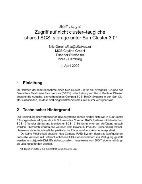 Dokumentation von Nils Goroll (MCS Cityline GmbH) - MKS 2 - Desy