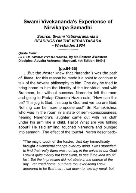 Swami Vivekananda's Experience of Nirvikalpa Samadhi - Vedanta