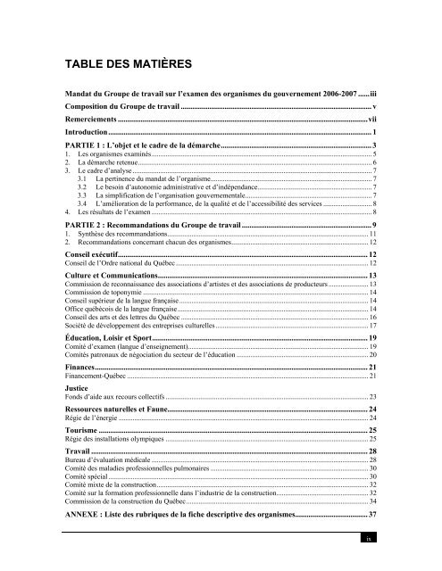 Rapport du Groupe de travail sur l'examen des organismes du ...