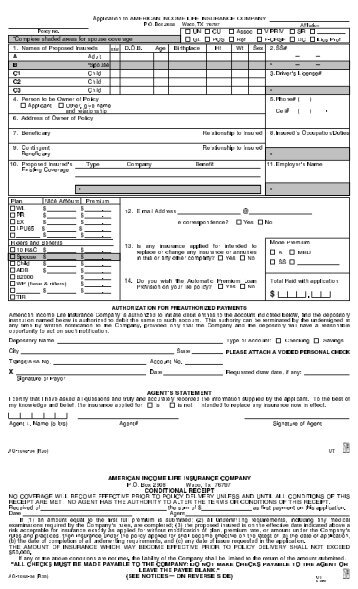 Application to AMERICAN INCOME LIFE INSURANCE COMPANY ...