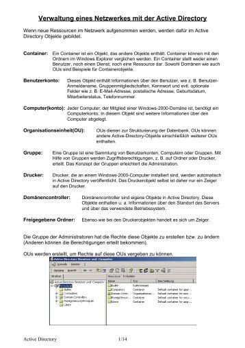 Verwaltung eines Netzwerkes mit der Active Directory